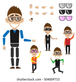 Hipster in various positions in flat style. Constructor for any human poses. Vector Illustration