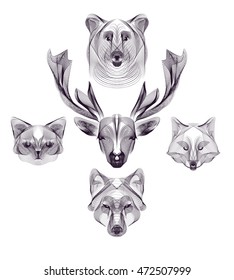 Hipster vector animal head set. Deer, wolf, bear, fox, cat. Wild animals illustration for posters, greeting cards, flyers, banner, web designs. Holiday, wedding, business, birthday, party invitations