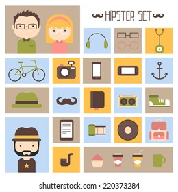 Hipster vector colorful style elements and characters icons set for retro design. Infographic concept background. 