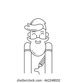 Hipster vector illustration. Smiling bearded man in modern thin line style