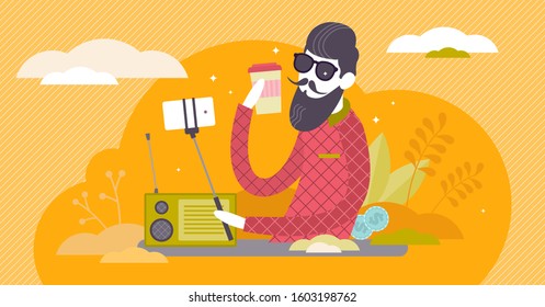 Hipster vector illustration. Vintage youth in flat tiny persons concept. Popular urban subculture that emphasizes style, authenticity and uniqueness. Stereotypical elements collection visualization.