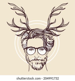 Hipster. Vector of a man face with beard, antlers and glasses. Isolated on beige.