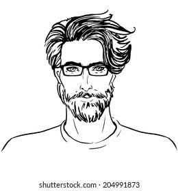 Hipster. Vector of a man face with beard and glasses 
