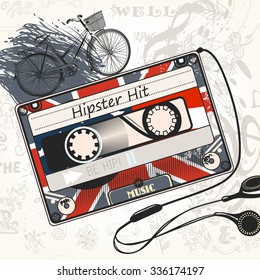 Hipster vector music background with old cassette decorated by British flag bicycle and headphones hipster hit symbol