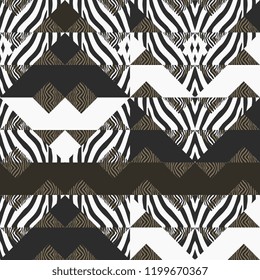 Hipster vector pattern with ornament of zebra skin and triangle memphis. Creative new style modern 90s theme illustration ready for print.