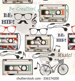 Hipster vector seamless background with old cassette headphones notes bike and glasses