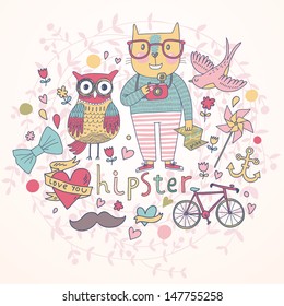 Hipster vector set in cartoon style. Cat with map and camera, owl, bird, bicycle, anchor, hearts and flowers