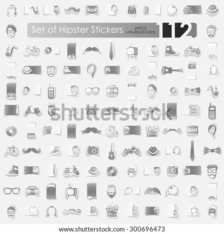 hipster vector sticker icons with shadow. Paper cut
