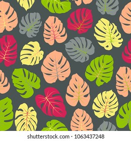 Hipster vector tropical pattern with jungle leaves decor, seamless fabric background. Floral jungle ornament with monstera leaf tropical seamless pattern. Philodendron or monstera plant background.