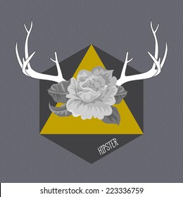 Hipster vintage background with deer's antlers and roses label. Vector illustration.