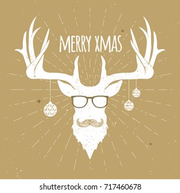 Hipster Vintage Christmas Deer, White Silhouette with Mustache and Eyeglasses