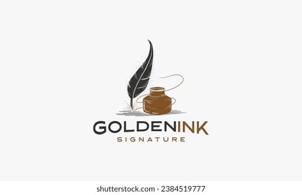 hipster vintage Feather quill pen logo with inkpot, classic stationery hand drawn logo illustration