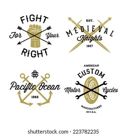 hipster vintage label, logo, badge for your business or t-shirt print with arrow, fist, sword, anchor, spanner, wheel