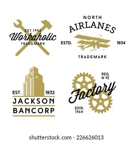 hipster vintage label, logo, badge for your business or t-shirt print with spanner, hammer, plane, skyscraper, gear