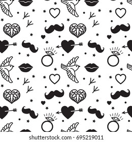 Hipster Vintage Seamless Pattern Vector On A White Background. Heart, Lips, Mustache, Jewels, Bird Images Pattern. Tattoo Style Elements Vector Illustration.