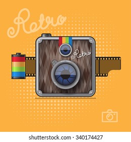 Hipster vintage style photo camera with color film reel. Vector retro Illustration