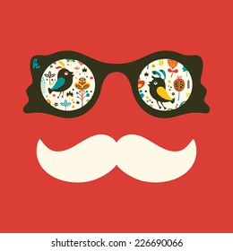 Hipster vintage sunglasses with colorful birds and flowers.