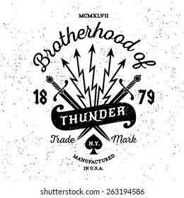 hipster vintage vector label , badge , logo  " Brotherhood of Thunder " for poster, tattoo or t-shirt print with sword, lightning, ribbon and lettering