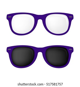 Hipster violet color glasses and sunglasses isolated vector set