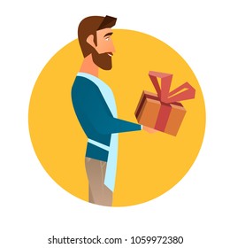 Hipster waiter with a beard holding a tray. Vector illustration of a flat design in a circle, isolated on a background.