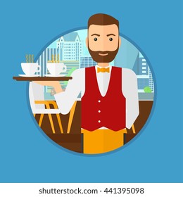 A hipster waiter with the beard holding a tray with cups of tea or coffee. Waiter with cups of coffee or tea at the bar. Vector flat design illustration in the circle isolated on background.