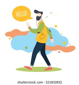 Hipster walking and listening to music on white background.  Isolated object in flat cartoon style. Vector illustration.