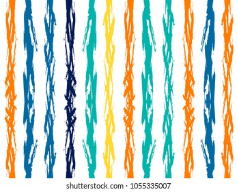 Hipster watercolor brush stripes seamless pattern. Orange, yellow, green and blue paintbrush lines vertical seamless texture for background. Hand drown paint strokes design artwork. For fabric print.