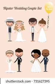 Hipster wedding couple set, Illustration bride & groom cartoon