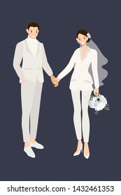 hipster wedding couple in suit pants holding hands invitation layout eps10 vector illustration