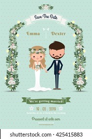 Hipster wedding invitation card bride & groom cartoon beach theme on polka dot background