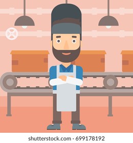A hipster welder with the beard on the background of factory workshop with conveyor belt vector flat design illustration. Square layout.