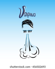 hipster withsunglasses . smokes and produces steam, smoke cloud. Vaping. Vector illustration.