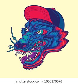 Hipster Wolf head Old School Tattoo Illustration