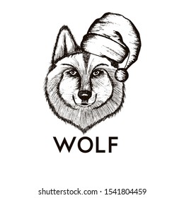 Hipster Wolf Muzzle Wearing Santa Hat Vector Hand Drawn Illustration. Artistic Black and White Animal Design