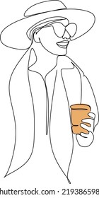 Hipster woman with coffee. Linear glamour logo in minimal concept for coffee shop. Continuous drawing of linear glamour woman in casual style drinks beverage from paper cup.