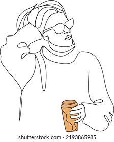 Hipster woman with coffee. Linear glamour logo in minimal concept for coffee shop. Continuous drawing of linear glamour woman in casual style drinks beverage from paper cup.