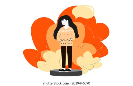 Hipster woman in a cozy sweater with a speech bubble isolated flat vector illustration. Hand drawn female character in casual clothes spends time alone, recover from burnout by yourself, poster, cover