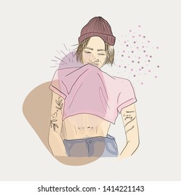 Hipster woman in hat, t-shirt and jeans, tattoo. Forever young, girl power concert. Hand drawn vector illustration 