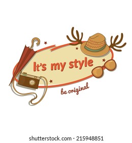 Hipster woman stylish vector label with contemporary touches and an inscription in beautiful hand-drawn cartoon style