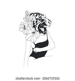 Hipster woman with tiger head with flowers. Hand drawing contemporary collage. Beautiful linear female body. Tattoo sketch. Design for t-shirt, poster. Vector illustration. 