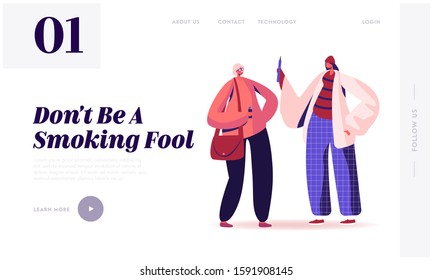 Hipster Women Vaping Website Landing Page. Couple of Girl Friends Stand Face to Face Communicate and Smoking Vapes. Teenagers Lifestyle, Youth Fashion Web Page Banner. Cartoon Flat Vector Illustration