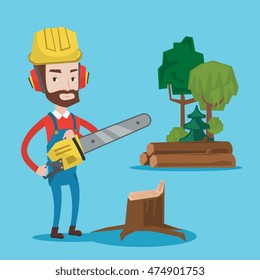 Hipster woodcutter with the beard holding chainsaw. Woodcutter in work weara, hard hat and headphones at the forest near stump. Lumberjack chopping wood. Vector flat design illustration. Square layout.