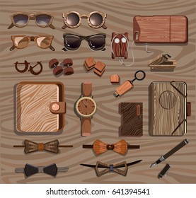 Hipster wooden accessories collection with glasses cases for devices cufflinks flash drive watch pen bow ties headphone isolated vector illustration
