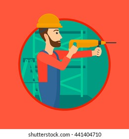 A hipster worker with the beard drilling a hole in the wall. A man in overalls and hard hat working with hammer drill. Vector flat design illustration in the circle isolated on background.
