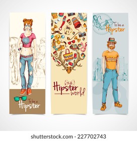 Hipster world colored sketch vertical banners set with boy and girl isolated vector illustration