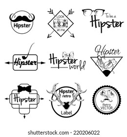 Hipster world pack sketch retro label set with smoking pipe mustache tie isolated vector illustration