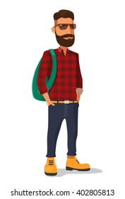 Hipster  In The Yellow Shoes And A Red Plaid Shirt. Vector Flat Illustration On White Background. 