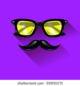 Hipster yellow sunglasses on violet background. Web Banner Vector Flat Design .Vector Mustache and Glasses Icon. Hipster creative design template. Pop art