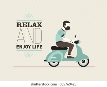 hipster young bearded man character with retro blue scooter. Urban modern lifestyle abstract vector post card.