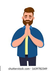 Hipster young bearded man in closed eyes praying hands together. Trendy person holding palms in prayer. Male character illustration. Human emotion, body language, modern lifestyle in vector cartoon.